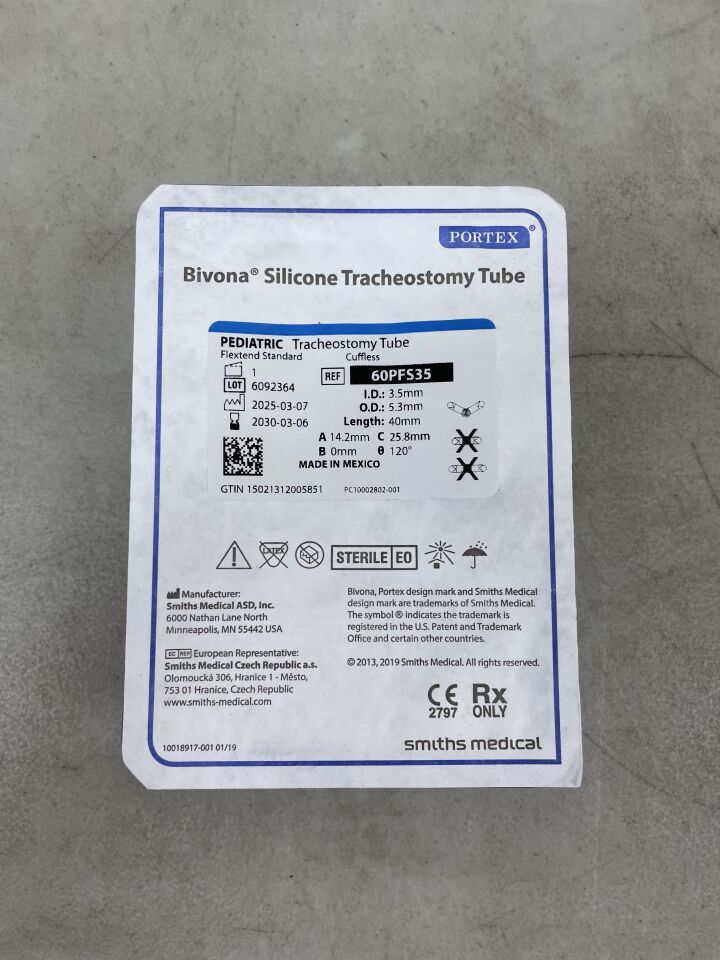 60PFS35 - SMITHS MEDICAL - Portex Bivona Tracheostomy Tube FlexTend V Neck Flange Size 5.3 Uncuffed Pediatric, (EA)