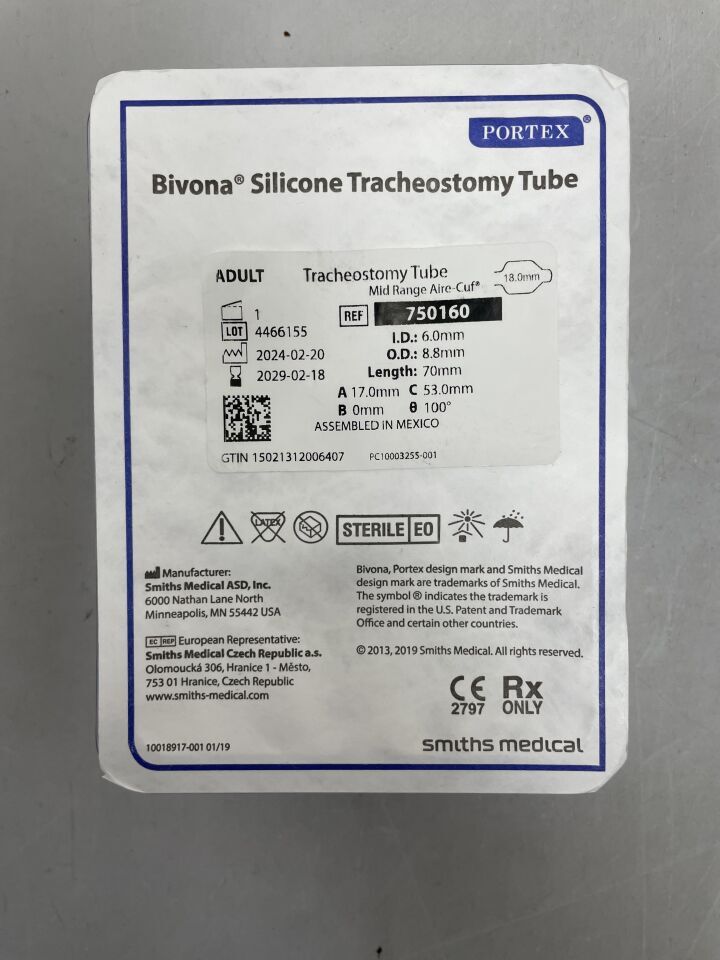 750160 - SMITHS MEDICAL - Bivona Cuffed Tracheostomy Tube Mid-Range Aire-Cuf Size 6.0 Adult, (EA)