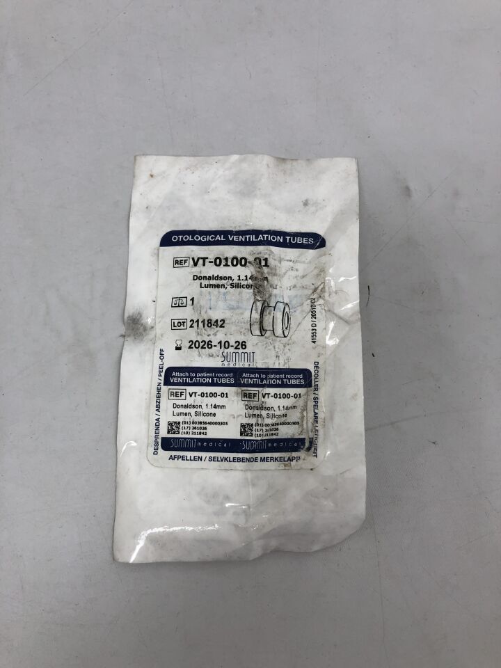 VT-0100-01 - SUMMIT - Otological Ventilation Tubes, Donaldson, 1.14mm Lumen, Silicone, (EA) - ( Expiry Date: 2026-10-26 )
