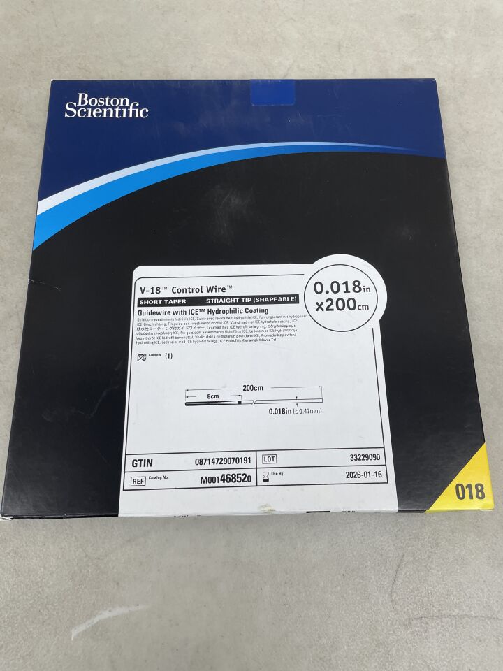 46852 - BOSTON SCIENTIFIC - V-18 Control Wire with ICE Hydrophilic Coating - Short Taper, Straight Tip (Shapeable) Guidewire - .018" x 200cm, (BX/1) - ( Expiry Date: 2026-01-16 )