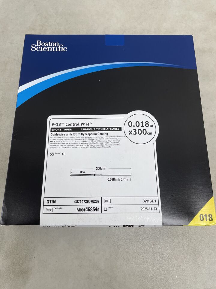 46854 - BOSTON SCIENTIFIC - V-18 Control Wire with ICE Hydrophilic Coating - Short Taper, Straight Tip (Shapeable) Guidewire - .018" x 300cm, (BX/1) - ( Expiry Date: 2025-11-23 )