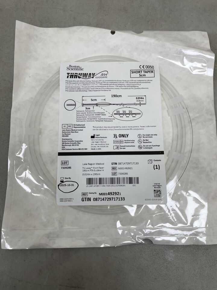 49292 - BOSTON SCIENTIFIC - Thruway PTA Guidewire, Short Taper, 0.014in x 190cm, (EA) - ( Expiry Date: 2025-10-31 )