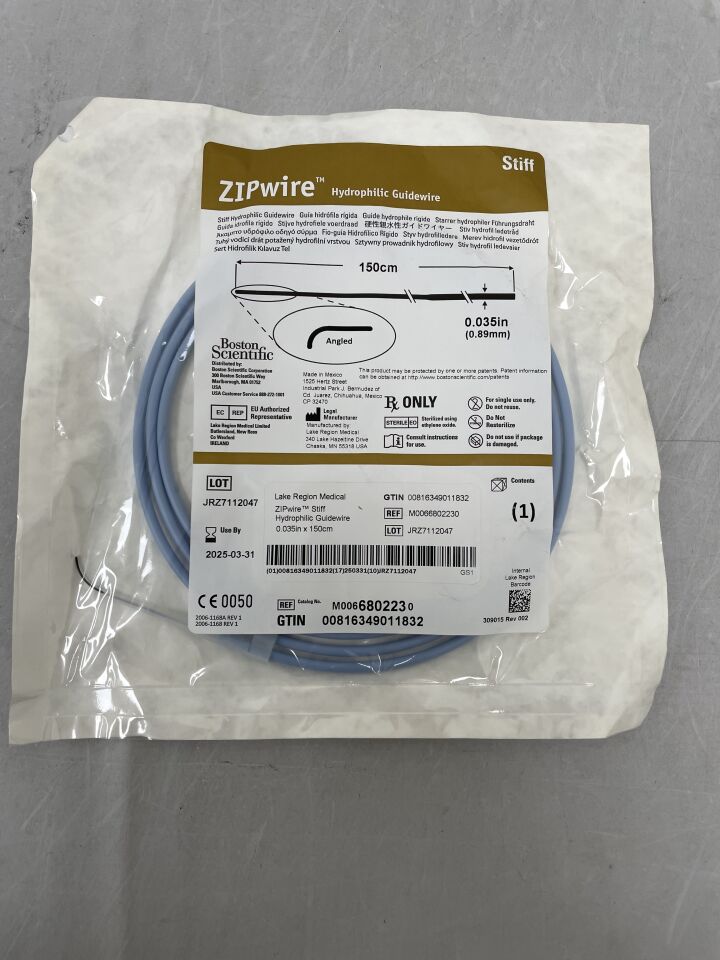 680223 - BOSTON SCIENTIFIC - ZIPwire Hydrophilic Guidewire - Stiff, Angled - .035" x 150cm, (EA) - ( Expiry Date: 2025-08-31 )