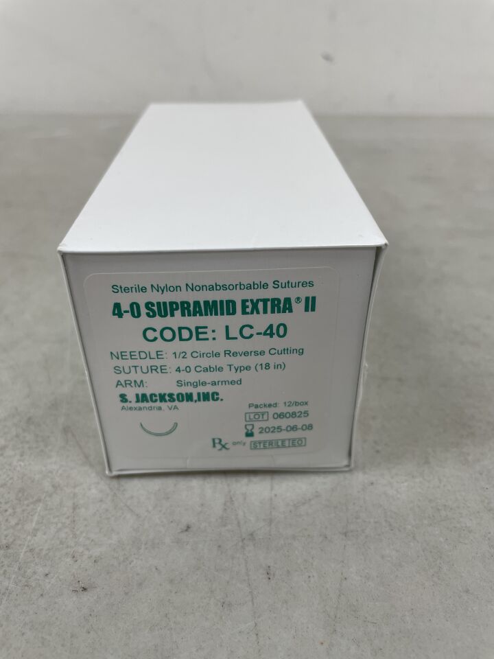 LC-40 - S JACKSON - Supramid White Cable Suture with 1/2 Circle PS-5 Reverse Cutting Needle, 18" Long, Size 4-0, (BX/12) - ( Expiry Date: 2025-06-08 )