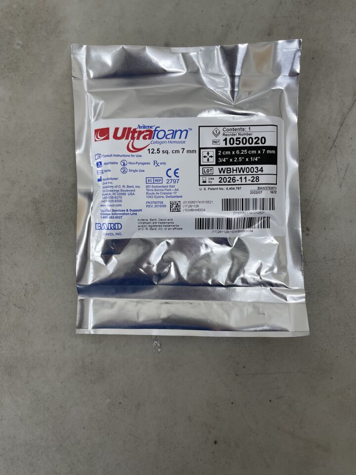1050020 - BARD - Avitene UltraFoam Collagen Hemostat (12.5 sq cm) 2cm x 6.25cm x 7mm, (EA) - ( Expiry Date: 2026-11-28 )