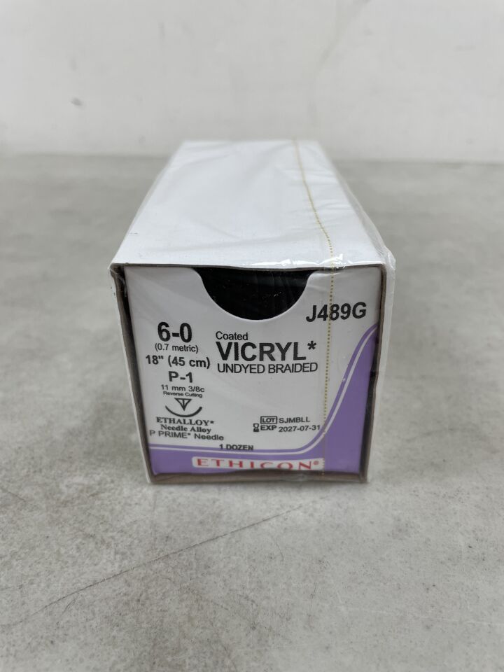 J489G - ETHICON - Coated Vicryl Absorbable Braided Polyglactin 910 Suture, Size 6-0, 18 in. Length, P-1 Needle , ( BX/12 ) - ( Expiry Date : 2027-07-31 )