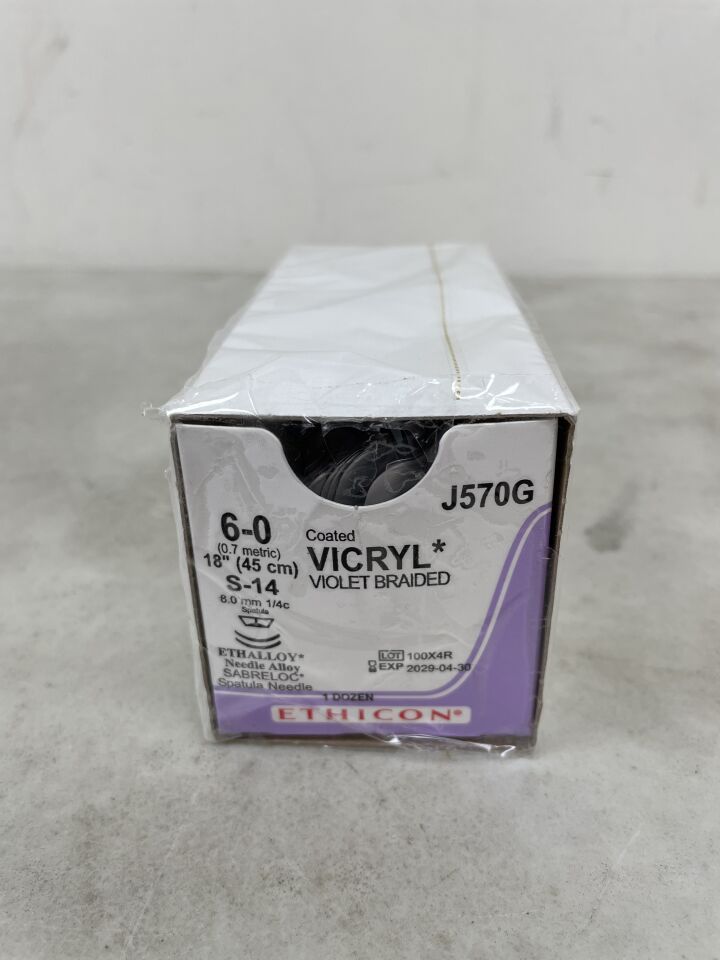 J570G - ETHICON - Coated Vicryl Absorbable Braided Polyglactin 910 Suture, Size 6-0, 18 in. Length, S-14 Needle , ( BX/12 ) - ( Expiry Date : 2029-04-30 )