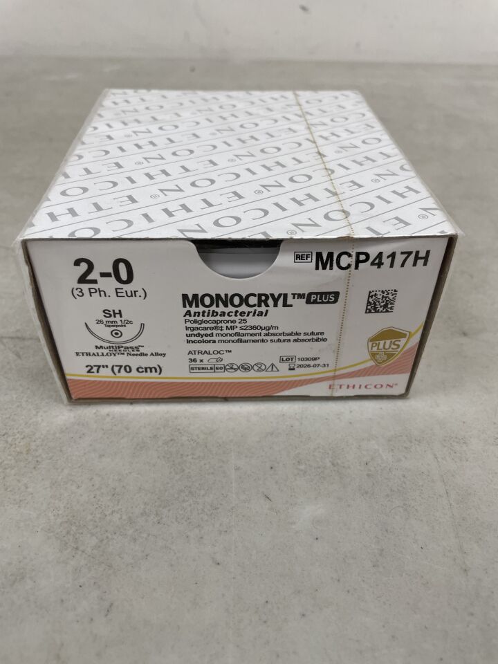 MCP417H - ETHICON - Monocryl Plus Absorbable Monofilament Suture, Size 2-0, 27 in. Length, SH Needle , ( BX/36 ) - ( Expiry Date : 2026-07-31 )