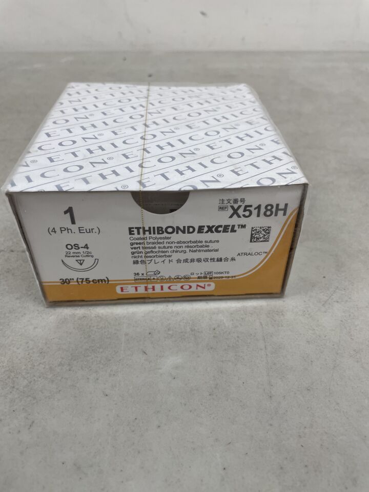 X518H - ETHICON - ETHIBOND EXCEL Polyester Suture, Reverse Cutting, Non-Absorbable, OS-4 22mm ½ Circle, Green Braided 30" = 75cm, Size: 1-0 , ( BX/36 ) - ( Expiry Date : 2029-12-31 )