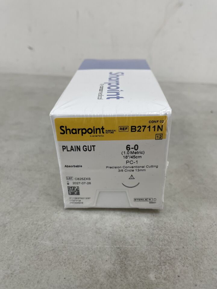 B2711N - SURGICAL SPECIALTIES - Plain Gut Suture, Conventional, 6-0, 18"/45cm, 13mm, 3/8 Circle. MFID, (BX/12) - ( Expiry Date: 2027-07-28 )