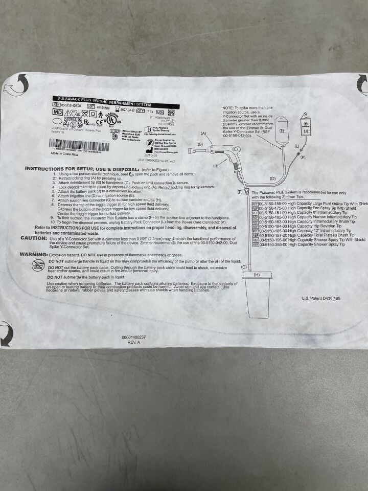 00-5150-420-00 - ZIMMER - PulsaVac Plus Component Kit Pack (Does Not Include a Debridement Tip) , ( EA ) - ( Expiry Date : 2027-04-22 )