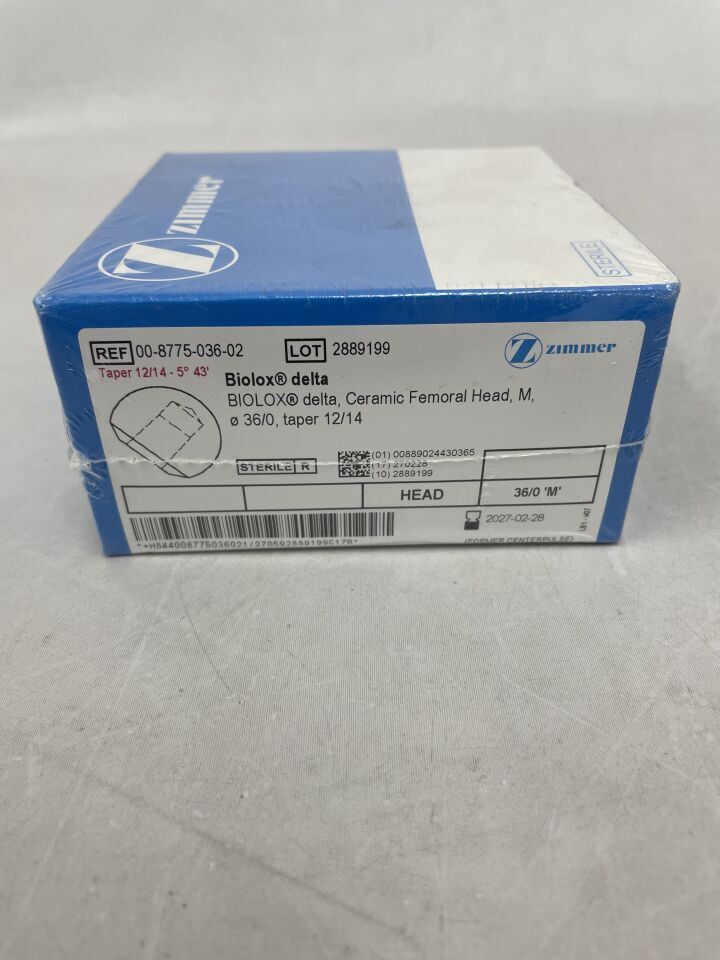 00-8775-036-02 - ZIMMER - Biolox Delta, Ceramic Femoral Head, M, 36/0, Taper 12/14, (BX/1) - ( Expiry Date: 2027-02-28 )