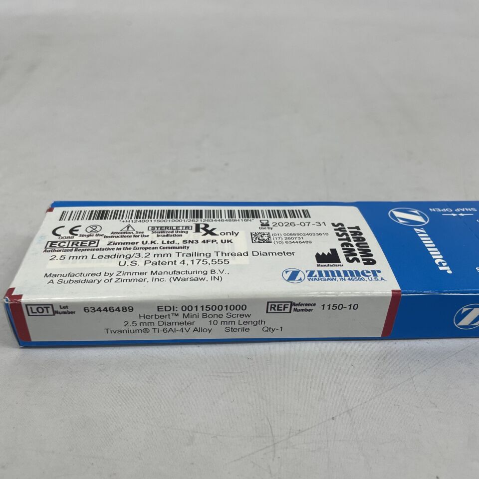 1150-10 - ZIMMER - Herbert Mini Bone Screw, 2.5mm diameter, 10mm length, 3.2nn trailing thread diameter , ( BX/1 ) - ( Expiry Date : 2026-07-31 )
