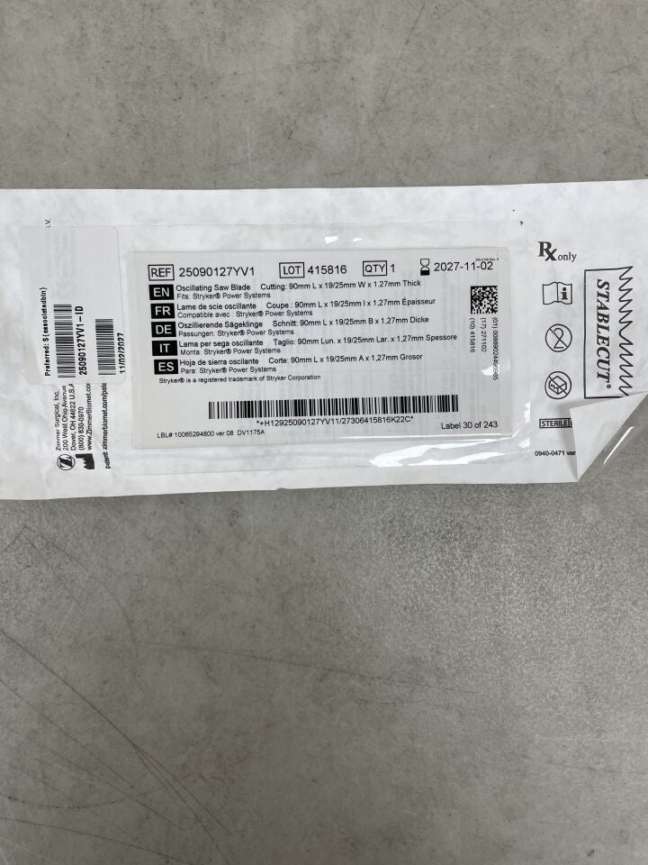25090127YV1 - ZIMMER - Oscillating Saw Blade, 90 L x 19/25 mm W, 1.27 mm Cut Thickness , ( EA ) - ( Expiry Date : 2027-11-02 )