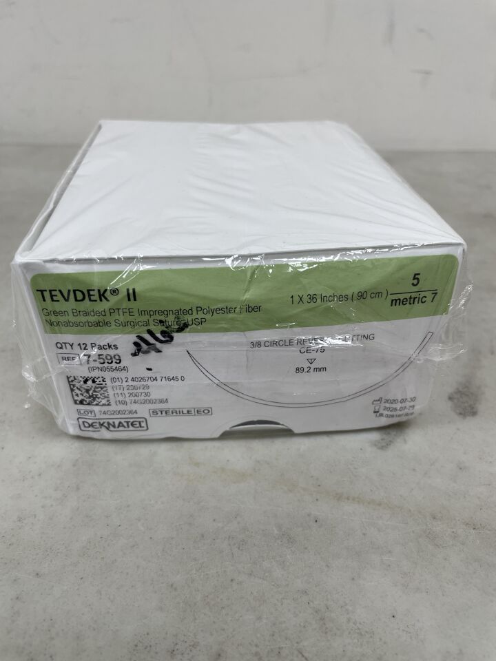 7-599 - TELEFLEX - Tevdek II Green Braided PTFE Impregnated Polyester Fiber, Nonabsorbable Surgical Suture 5, 3/8 Circle Reverse Cutting, (BX/12) - ( Expiry Date: 2025-07-29 )
