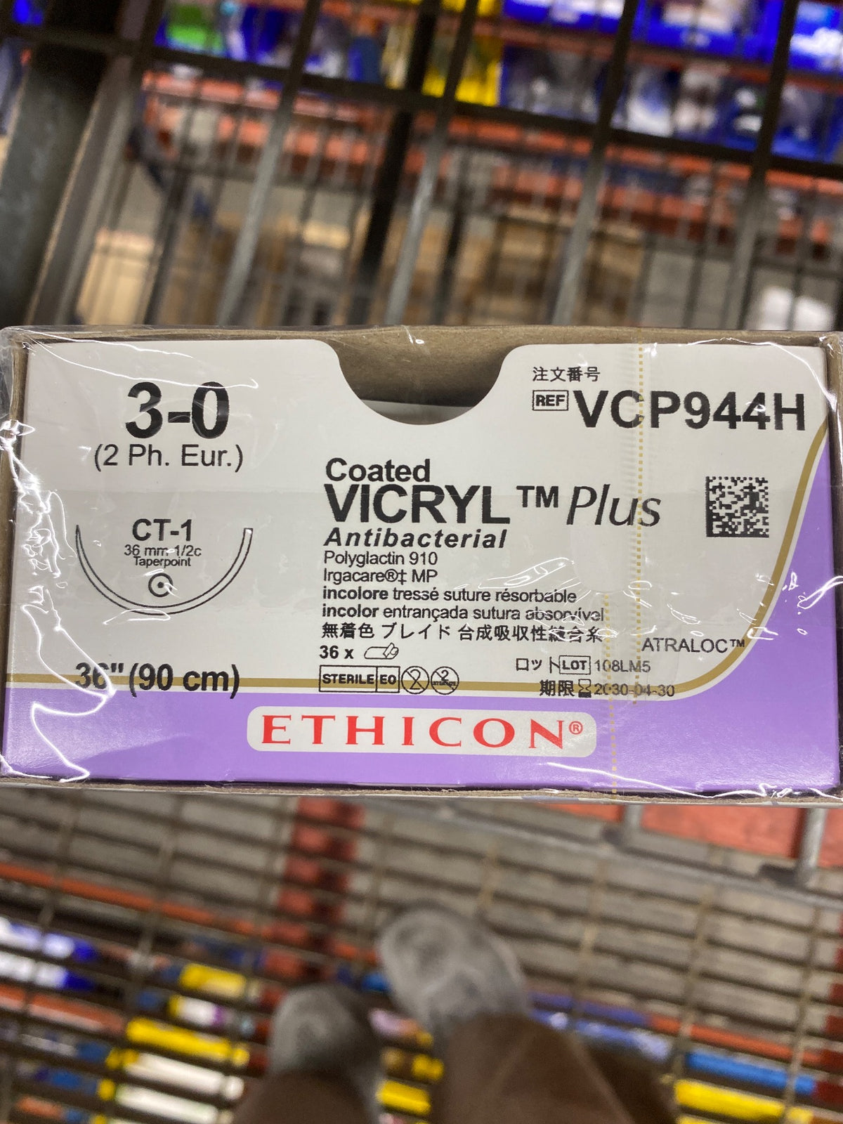 VCP944H - ETHICON - Coated Vicryl Plus (Polyglactin 910) Suture, Taper Point, CT-1 36 mm 1/2 Circle, Undyed Braided, 36 in., Size 3-0, (BX/36)