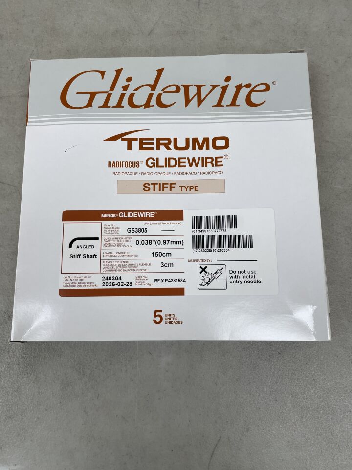 GS3805 - TERUMO - Radifocus Glidewire - Angled Stiff Shaft - .038" x 150cm x 3cm, (BX/5) - ( Expiry Date: 2026-02-28 )