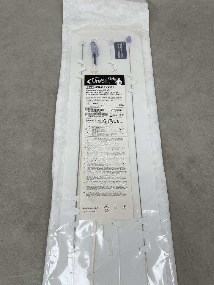 NSL2-1026H - URESIL - Hydrophilic-Coated Origin NEPHRO-STENT Nephroureteral Stent Catheter, w/Locking Pigtail, RO Marker, 10F x 26cm, (EA) - ( Expiry Date: 2025-12-31 )