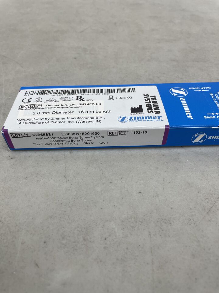 1152-16 - ZIMMER - Herbert/Whipple Bone Screw System, Cannualted bone screw, 3.0mm diameter, 16mm length, (BX/1) - ( Expiry Date: 2025-02-01 )