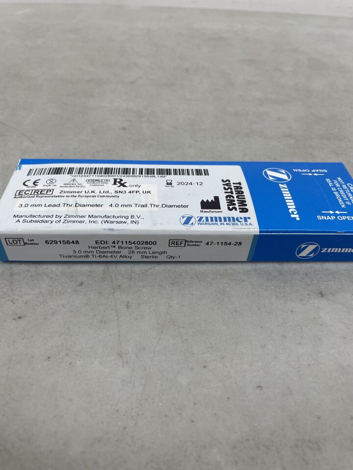 47-1154-28 - ZIMMER - Herbert Bone Screw, 3.0mm diameter, 28mm length, 4.0mm trail thread diameter, (BX/1) - ( Expiry Date: 2024-12-01 )
