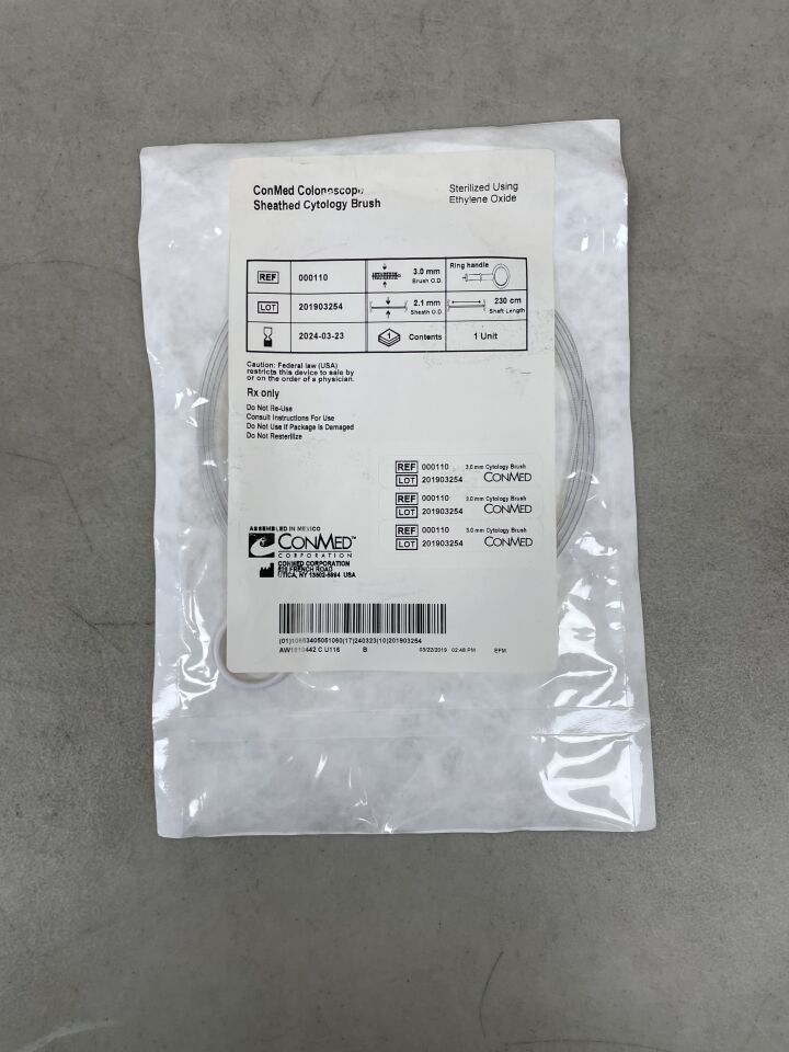 110 - CONMED - Colonoscope Sheathed Cytology Brush, White, Ring 3mm x 230cm, (EA) - ( Expiry Date: 2024-03-23 )
