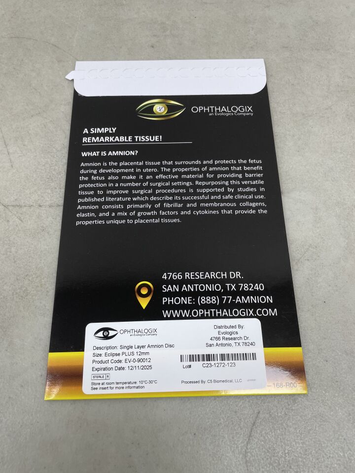 EV-0-90012 - EVOLOGICS - OPHTHALOGIX Eclipse Plus 12mm Single Layer Amnion Disc, (BX/1) - ( Expiry Date: 2025-12-11 )