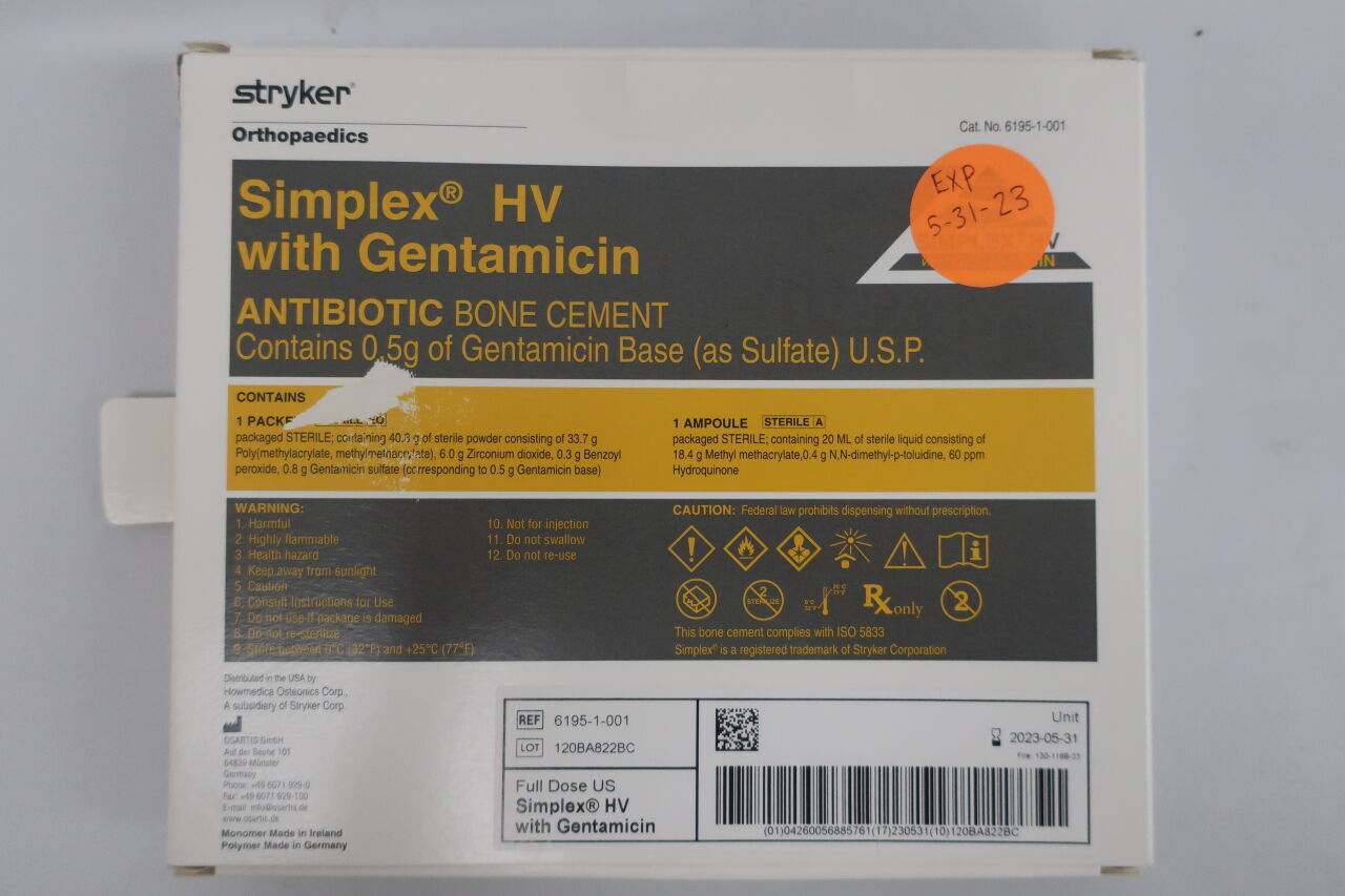 6195-1-010 - STRYKER - Simplex HV Antibiotic Bone Cement with Gentamicin, (BX/1) - ( Expiry Date: 2025-10-31 )