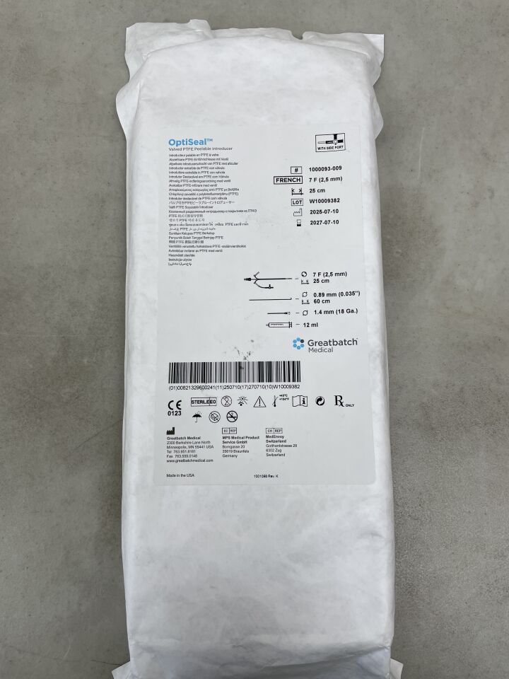 1000093-009 - GREATBATCH - OptiSeal Valved PTFE Peelable Introducer 7F x 25cm, (EA) - ( Expiry Date: 2027-07-10 )