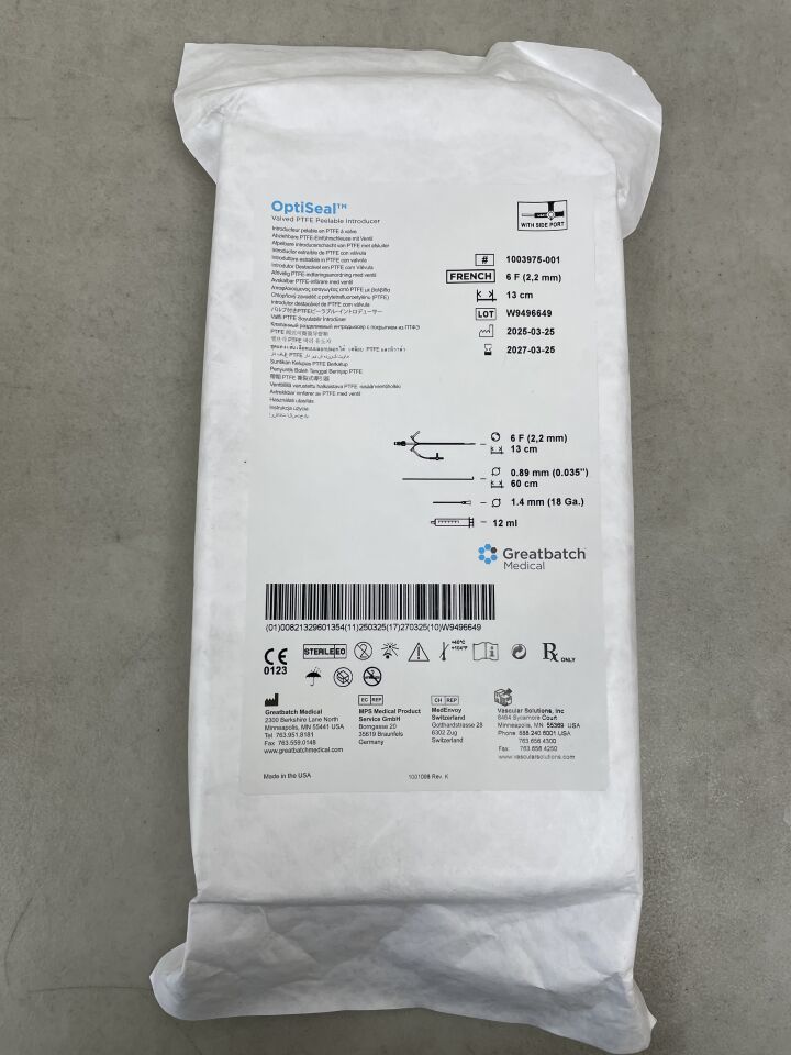 1003975-001 - GREATBATCH - OptiSeal Valved Peelable Introducer Kit 6F x 13cm, (EA) - ( Expiry Date: 2027-03-25 )