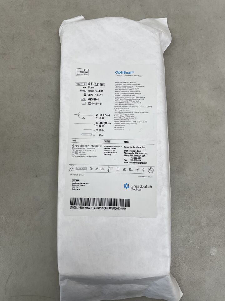 1003975-008 - GREATBATCH - OptiSeal Valved Peelable Introducer Kit 6F x 25cm, (EA) - ( Expiry Date: 2026-10-11 )