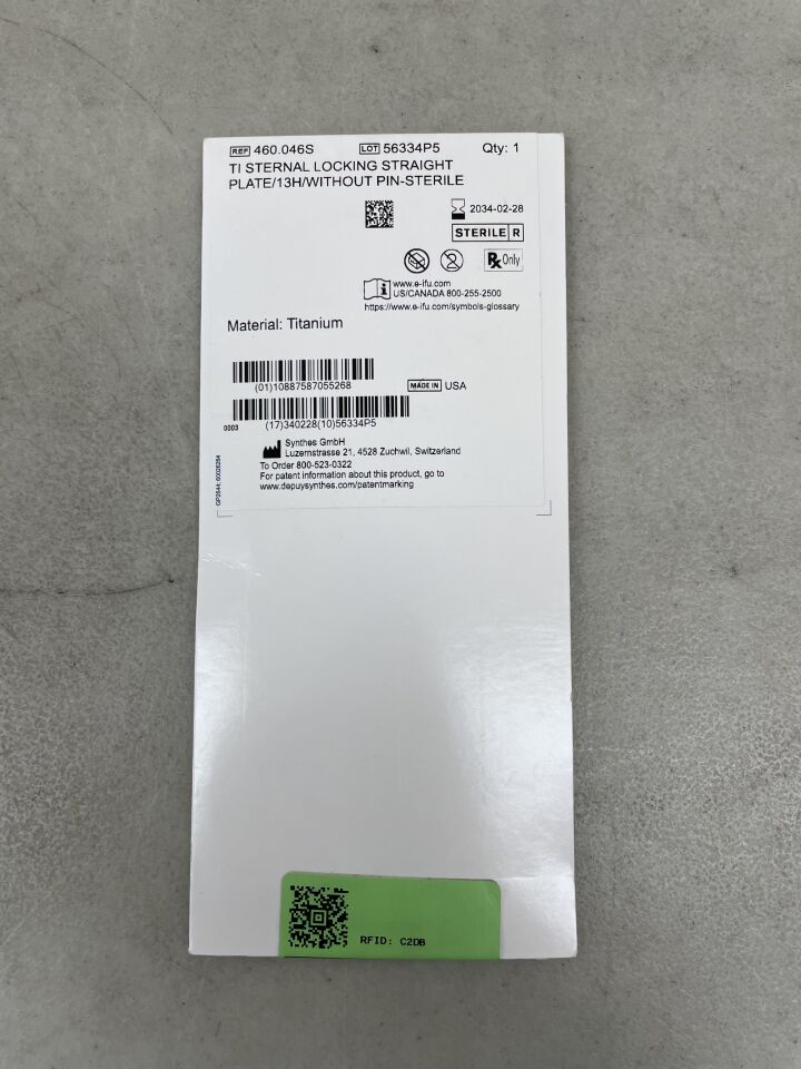460.046S - SYNTHES - Titanium Sternal Locking Straight Plate, 13 Holes, Sterile, (BX/1) - ( Expiry Date: 2034-02-28 )