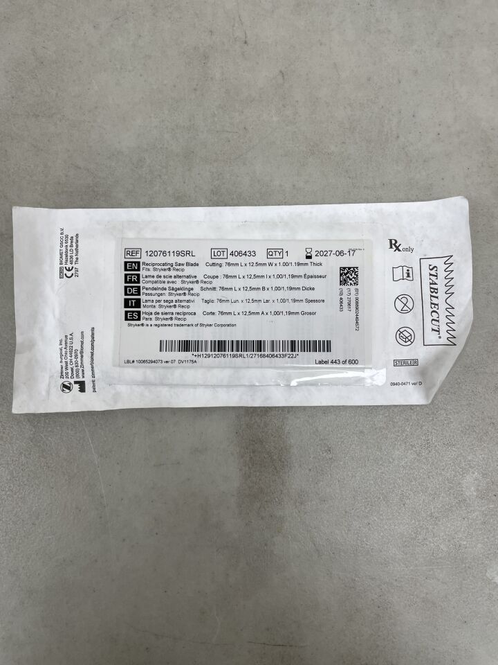 12076119SRL - ZIMMER - stablecut reciprocating saw blade, 76mm x 12.5mm x 1.00/1.19mm, (EA) - ( Expiry Date: 2027-06-17 )
