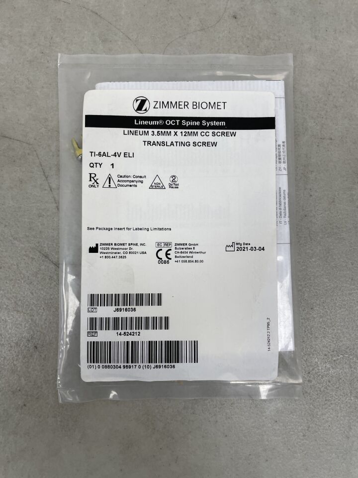 14-524212 - ZIMMER - OCT Spine System LINEUM 3.5MM X 12MM CC SCREW TRANSLATING SCREW, (EA) - ( Expiry Date: 2099-12-31 )