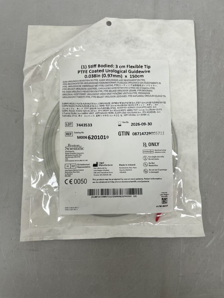 620101 - BOSTON SCIENTIFIC - PTFE Coated Urological Guidewire - Stiff Bodied, Flexible Tip - .038" x 150cm, (EA) - ( Expiry Date: 2026-09-30 )