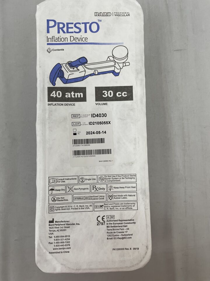 ID4030 - BARD - Presto Inflation Device 40atm x 30cc, (EA) - ( Expiry Date: 2026-01-29 )