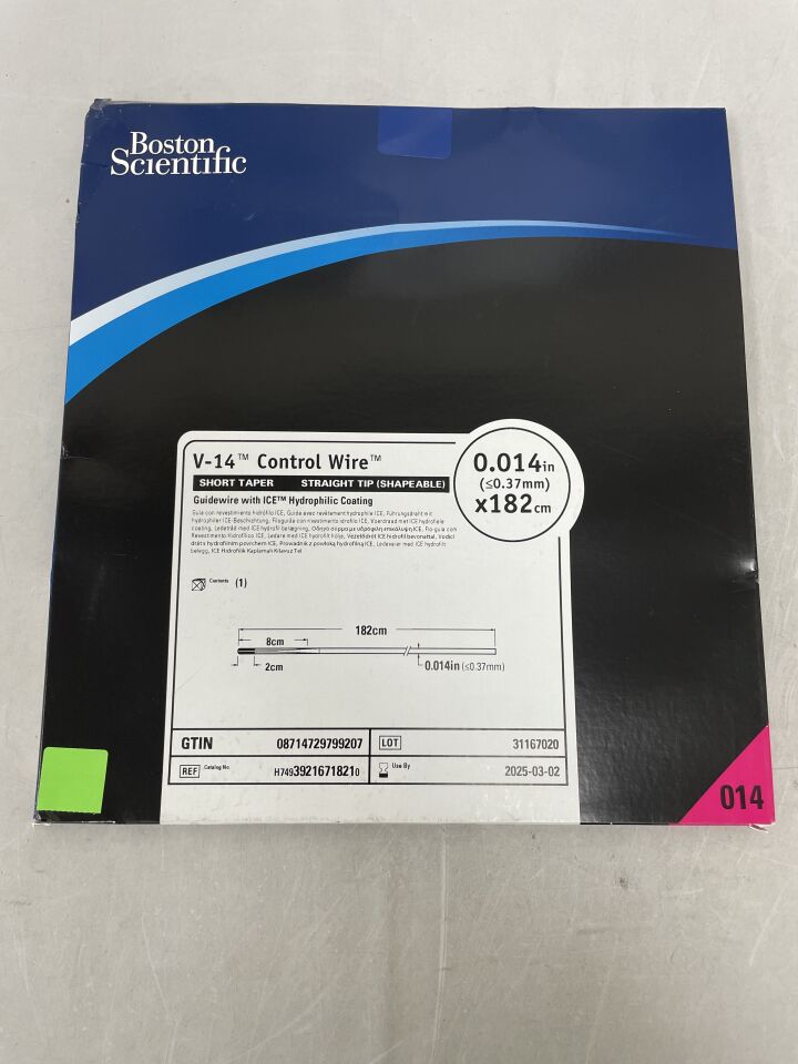 3921671821 - BOSTON SCIENTIFIC - V-14 Control Wire with ICE Hydrophilic Coating - Short Taper, Straight Tip (Shapeable) Guidewire - .014" x 182cm, (BX/1) - ( Expiry Date: 2026-03-08 )