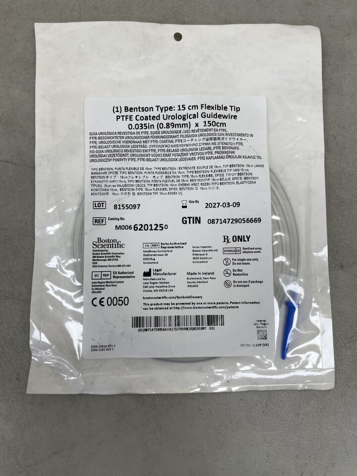 620125 - BOSTON SCIENTIFIC - bentson type: 15cm flexible tip ptfe coated urological guidewire, 0.035" (0.89mm) x 150cm, (EA) - ( Expiry Date: 2027-03-09 )