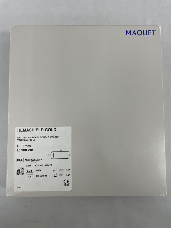 M002020955080 - MAQUET - Hemashield Gold Knitted Microvel Straight Double Velour Vascular Graft, 8mm, 100cm, (BX/1) - ( Expiry Date: 2025-12-31 )