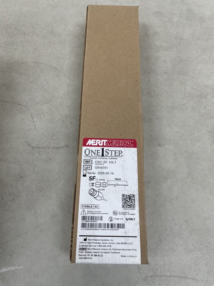 OSC-5F-10LT - MERIT MEDICAL - One1Step Valved Centesis Catheter, Straight, Fixed Luer, 5F x 10cm, (BX/5) - ( Expiry Date: 2026-05-14 )