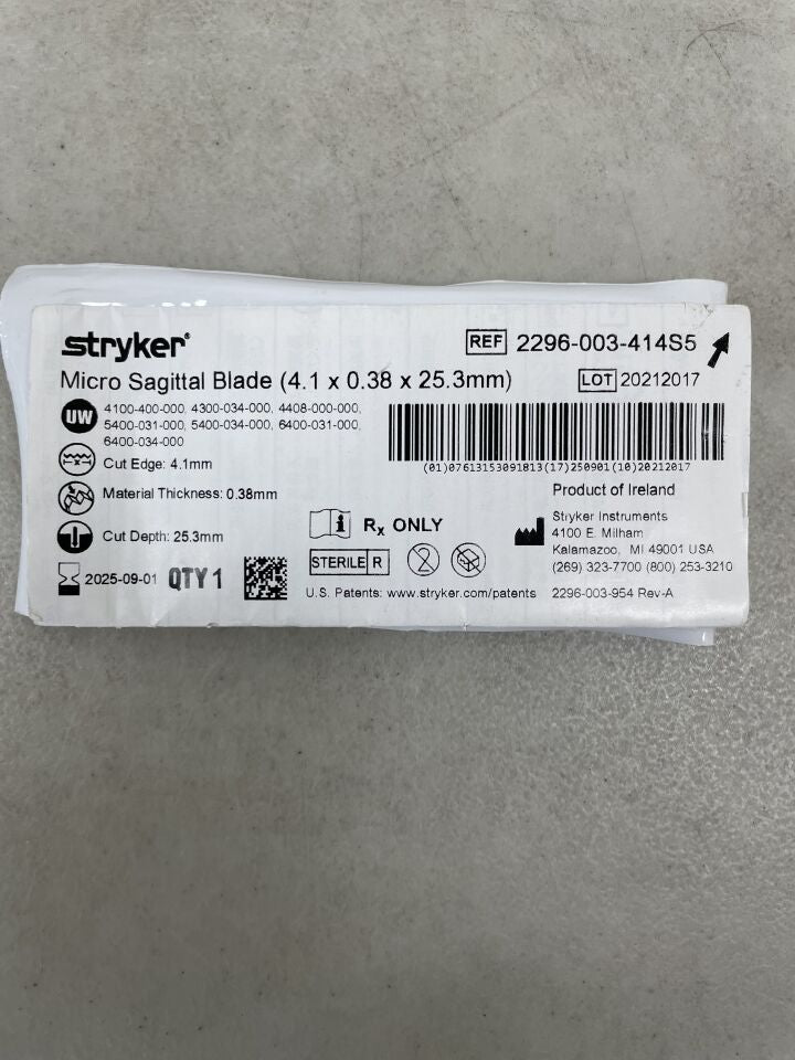 2296-003-414S5 - STRYKER - Micro Sagittal Blade 4.1mm x 25.3mm x 0.38mm, (EA) - ( Expiry Date: 2025-09-01 )