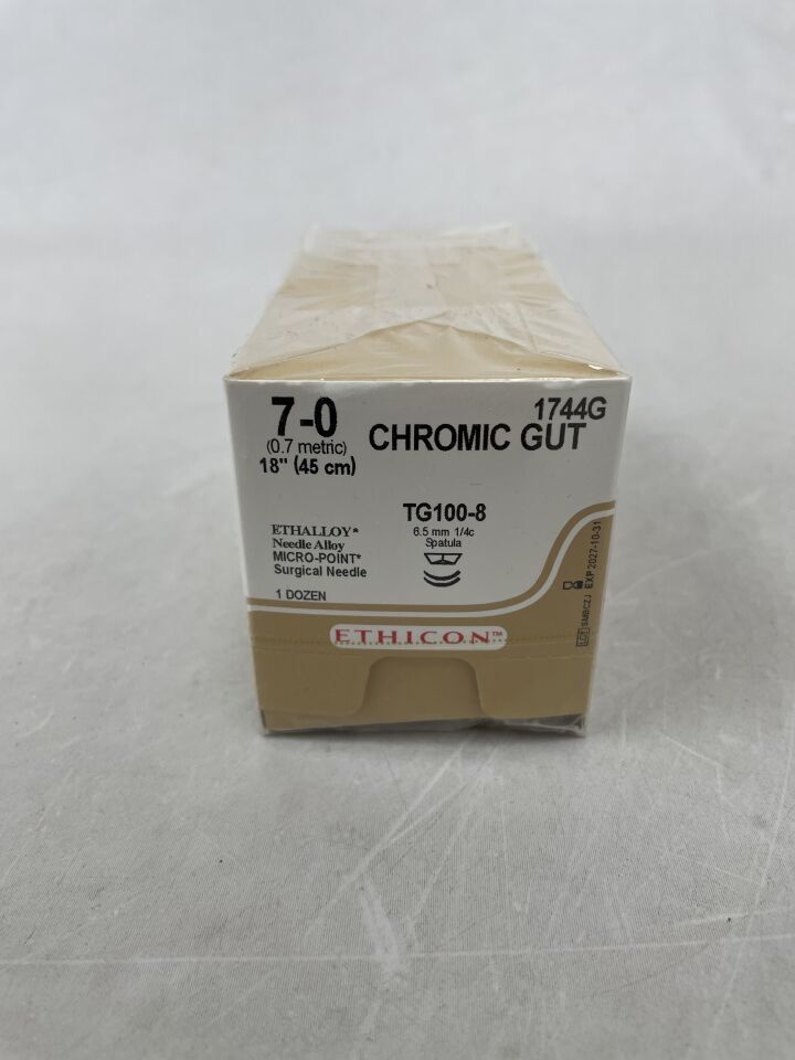 1744G - ETHICON - Surgical Gut Suture - Chromic, Absorbable, MICROPOINT - Spatula, TG100-8 6.5mm TG100-8 1/4 Circle, Chromic Monofilament, 18" ˜ 45cm, Size: 7-0, (BX/12) - ( Expiry Date: 2027-10-31 )