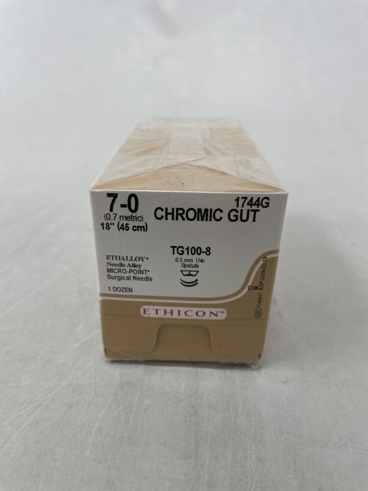 1744G - ETHICON - Surgical Gut Suture - Chromic, Absorbable, MICROPOINT - Spatula, TG100-8 6.5mm TG100-8 1/4 Circle, Chromic Monofilament, 18" ˜ 45cm, Size: 7-0, (BX/12) - ( Expiry Date: 2028-02-29 )