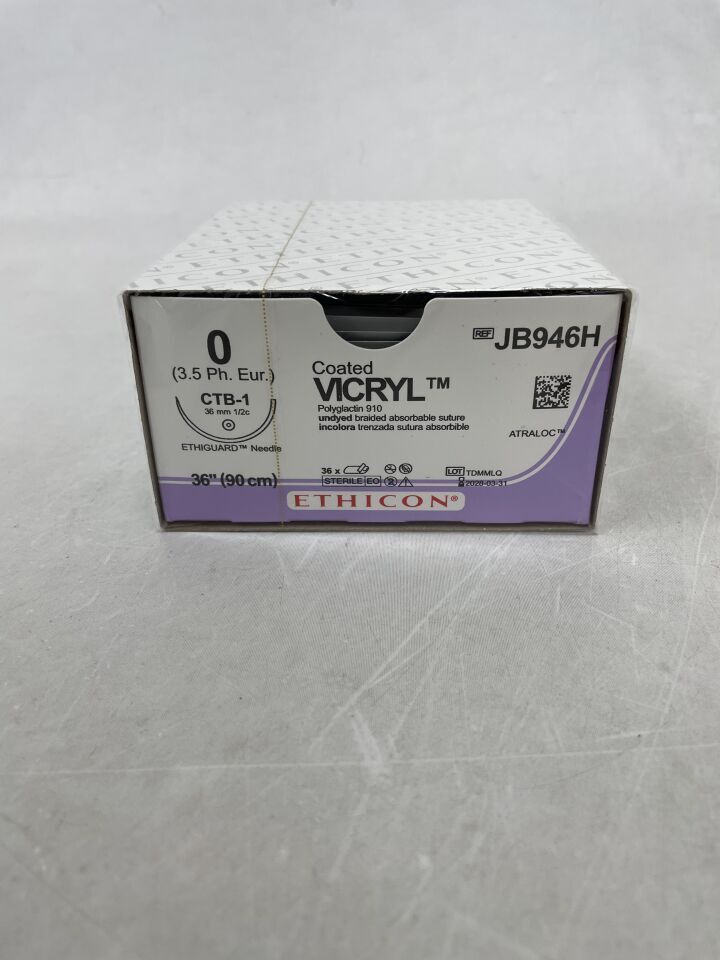 JB946H - ETHICON - Suture, 0 Size, Polyglactin 910, 36 in. Length, Undyed, Absorbable, 36 mm Needle Length, CTB-1 Needle, (BX/36) - ( Expiry Date: 2028-03-31 )