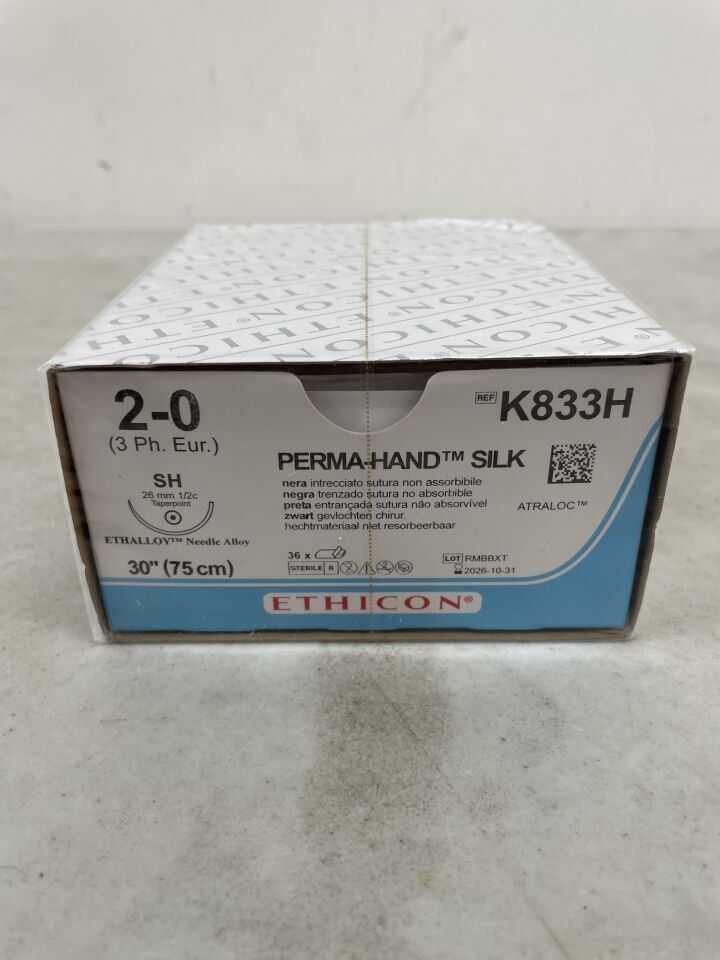 K833H - ETHICON - Perma-Hand Non-Absorbable Braided Silk Suture, Size 2-0, 30 in. Length, SH Needle, (BX/36) - ( Expiry Date: 2026-10-31 )