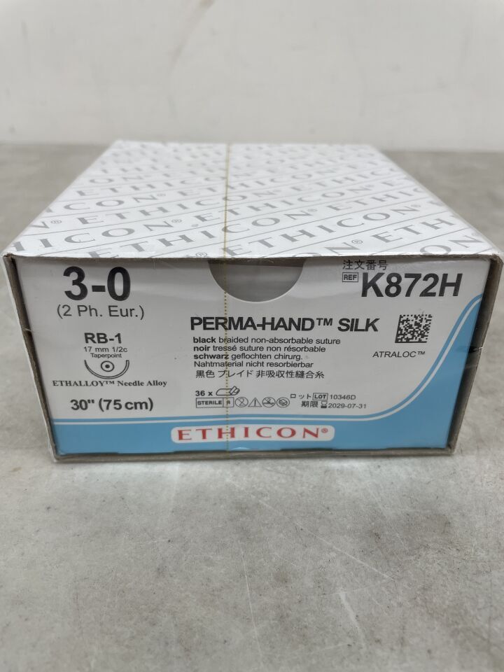 K872H - ETHICON - Perma-Hand Non-Absorbable Braided Silk Suture, Size 3-0, 30 in. Length, RB-1 Needle, (BX/36) - ( Expiry Date: 2029-07-31 )