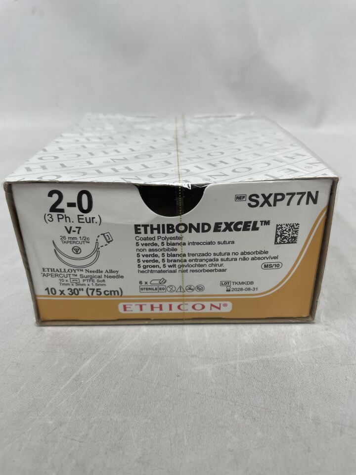 SXP77N - ETHICON - ETHIBOND EXCEL Polyester Suture, Tapercut, Non-Absorbable, V-7 26 mm ½ Circle, Green & White Braided 10-30", Size: 2-0, (BX/6) - ( Expiry Date: 2028-08-31 )