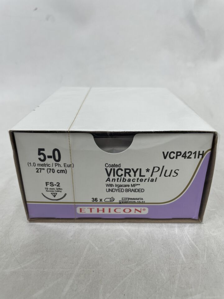 VCP421H - ETHICON - VICRYL Plus Antibacterial Suture, Reverse Cutting, Absorbable, FS-2 19mm 3/8 Circle, Undyed Braided 27" = 70cm, Size: 5-0, (BX/36) - ( Expiry Date: 2026-10-31 )