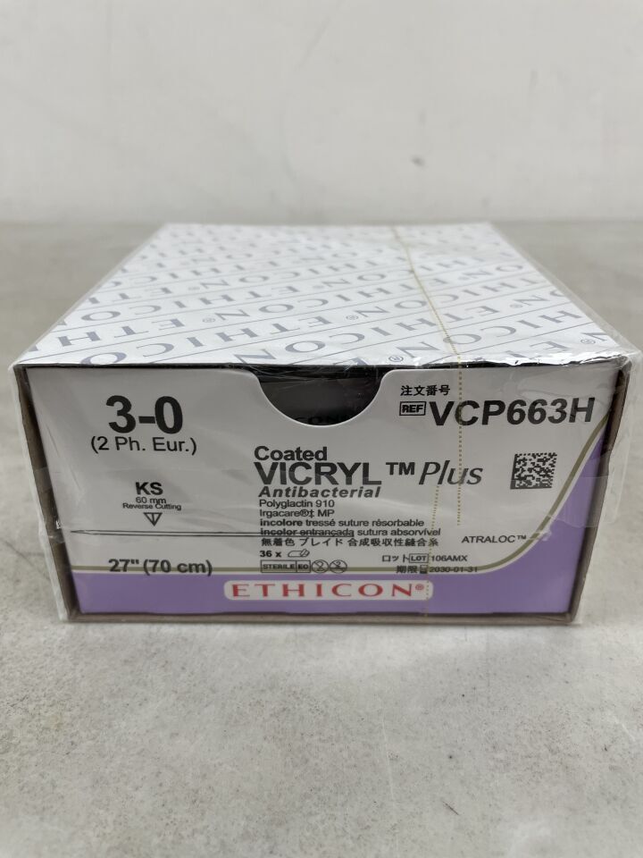 VCP663H - ETHICON - COATED VICRYL Plus Antibacterial (polyglactin 910) Suture, Straight Cutting Needles, Absorbable, KS 60mm Straight, Undyed Braided 27" = 70cm, Size: 3-0, (BX/36) - ( Expiry Date: 2030-01-31 )