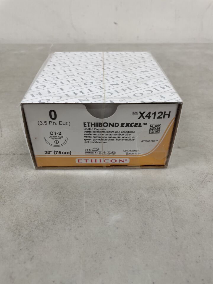 X412H - ETHICON - ETHIBOND EXCEL Polyester Suture, Taper Point, Non-Absorbable, CT-2 26mm ½ Circle, Green Braided 18" = 45cm, Size: 0, (BX/36) - ( Expiry Date: 2026-10-31 )