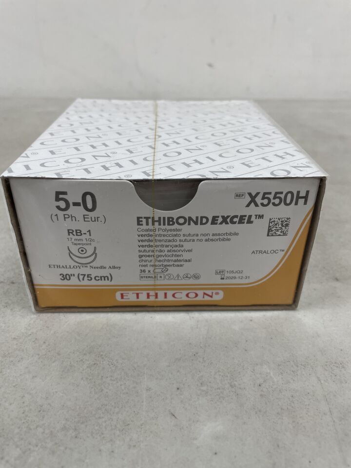 X550H - ETHICON - Ethibond Excel Non-Absorbable Braided Polyester Suture, Size 5-0, 30 in. Length, RB-1 Needle, (BX/36) - ( Expiry Date: 2029-12-31 )